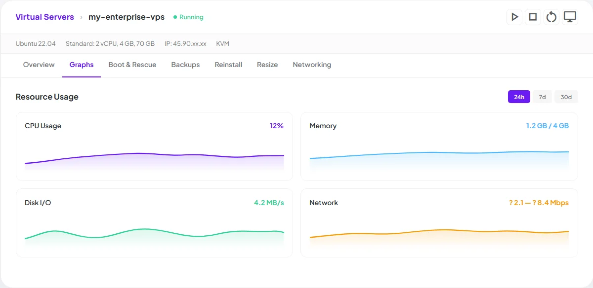 VPS Control Panel — manage your Enterprise server from a single dashboard
