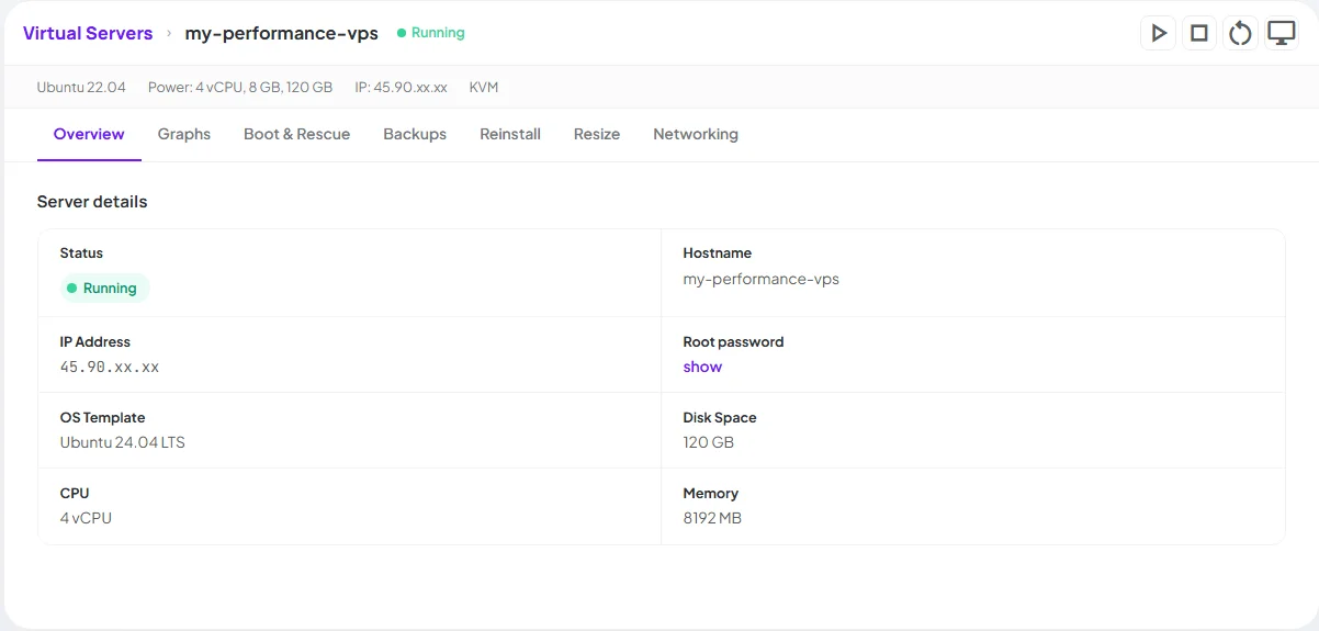VPS Control Panel — manage your High Performance server from a single dashboard